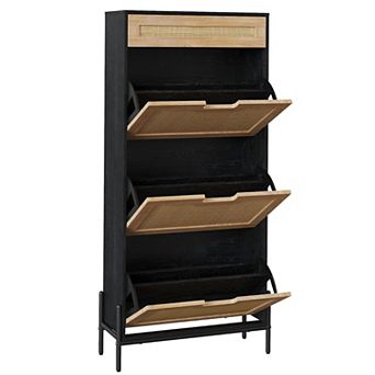 Garvee Rattan Shoe Cabinet 3 Flip Doors 1 Drawer Narrow Shoe Rack Entryway Organizer