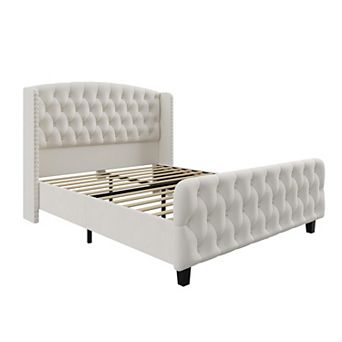 Garvee Bed Frame Velvet Upholstered 51" Wingback Headboard Platform Bed Cream