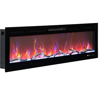80 in Electric Fireplace Wall Mounted Recessed Remote 12 Flame Colors Thermostat Black