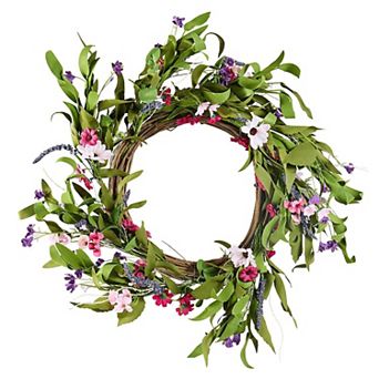 Decorative Silk Daisy Wreath for Doors, Walls, and Home Décor, 22 in - Pink, Green