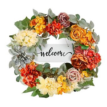 Decorative Silk Flower Wreath for Doors, Walls, and Home Décor, 24 in - Red, Orange, Yellow