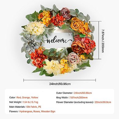 Decorative Silk Flower Wreath for Doors, Walls, and Home Décor, 24 in - Red, Orange, Yellow