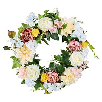Decorative Silk Peony and Hydrangea Wreath for Doors, Walls, or Home Décor, 24 in - White