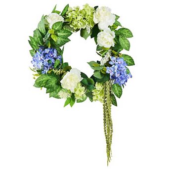 Decorative Silk Hydrangea and Rose Wreath for Doors, Walls, or Home Décor - Blue, White, Green