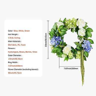 Decorative Silk Hydrangea and Rose Wreath for Doors, Walls, or Home Décor - Blue, White, Green