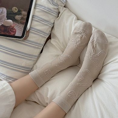 Women's 3-Pair Sheer Crew Socks with Textured Bow Pattern Lightweight Mesh Everyday Sock Set