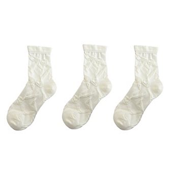 Women's 3-Pair Sheer Crew Socks with Textured Bow Pattern Lightweight Mesh Everyday Sock Set