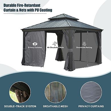 12'x 16' Hardtop Gazebo - Aluminum Frame Double Canopy with Curtains & Netting