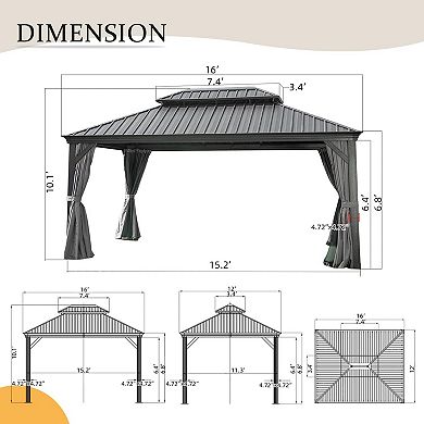 12'x 16' Hardtop Gazebo - Aluminum Frame Double Canopy with Curtains & Netting