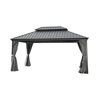 12'x 16' Hardtop Gazebo - Aluminum Frame Double Canopy with Curtains & Netting