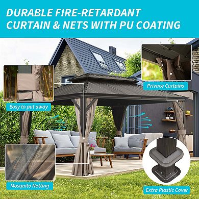 12'x 16' Hardtop Gazebo-Upgraded Metal with Drainage & Curtains/Netting