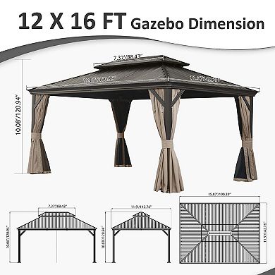 12'x 16' Hardtop Gazebo-Upgraded Metal with Drainage & Curtains/Netting