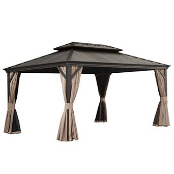 12'x 16' Hardtop Gazebo-Upgraded Metal with Drainage & Curtains/Netting