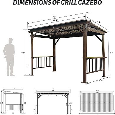 6.5'x12' Hardtop Grill Gazebo with Side Shelves & Hooks