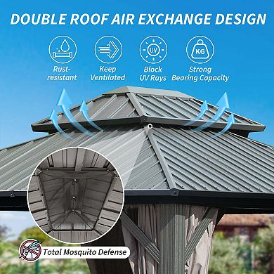 8'x 10' Hardtop Gazebo with Double Roof, Curtains & Netting