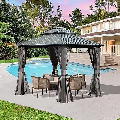 8'x 10' Hardtop Gazebo with Double Roof, Curtains & Netting