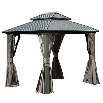 8'x 10' Hardtop Gazebo with Double Roof, Curtains & Netting