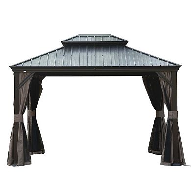 12'x 14' Hardtop Gazebo-Upgraded Metal with Drainage & Curtains/Netting