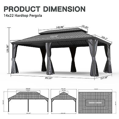 14'x 22' Hardtop Gazebo-Reinforced Metal with Drainage & UV-Resistant Curtains