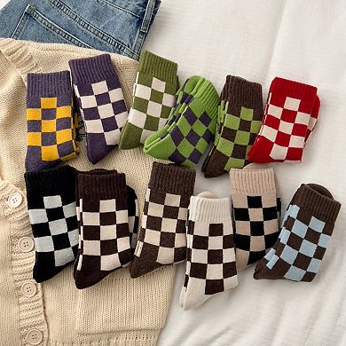 3-Pair Checkerboard Crew Socks Soft Knit Fabric Ribbed Cuff Comfortable Everyday Giftable Sock Set