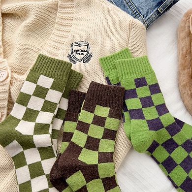 3-Pair Checkerboard Crew Socks Soft Knit Fabric Ribbed Cuff Comfortable Everyday Giftable Sock Set