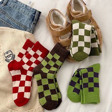 3-Pair Checkerboard Crew Socks Soft Knit Fabric Ribbed Cuff Comfortable Everyday Giftable Sock Set