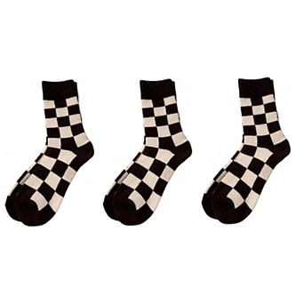 3-Pair Checkerboard Crew Socks Soft Knit Fabric Ribbed Cuff Comfortable Everyday Giftable Sock Set