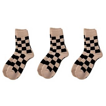 3-Pair Checkerboard Crew Socks Soft Knit Fabric Ribbed Cuff Comfortable Everyday Giftable Sock Set