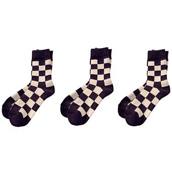 3-Pair Checkerboard Crew Socks Soft Knit Fabric Ribbed Cuff Comfortable Everyday Giftable Sock Set