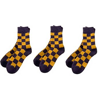 3-Pair Checkerboard Crew Socks Soft Knit Fabric Ribbed Cuff Comfortable Everyday Giftable Sock Set