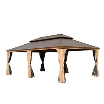 14'x 24' Hardtop Gazebo-Wood-Looking Aluminum Frame with Curtains & Netting
