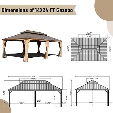 14'x 24' Hardtop Gazebo-Wood-Looking Aluminum Frame with Curtains & Netting