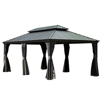 12'x 20' Hardtop Gazebo Grey - Aluminum Frame Double Roof with Curtains & Netting