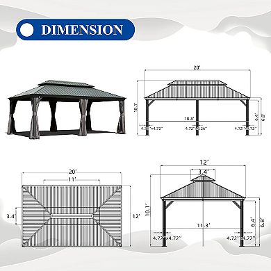 12'x 20' Hardtop Gazebo Grey - Aluminum Frame Double Roof with Curtains & Netting
