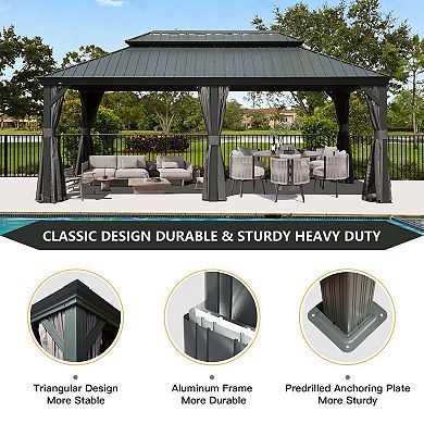 12'x 20' Hardtop Gazebo Grey - Aluminum Frame Double Roof with Curtains & Netting