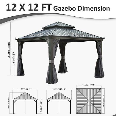 12'x 12' Hardtop Gazebo-Upgraded Metal with Drainage & Curtains/Netting