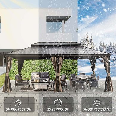12'x 20' Hardtop Gazebo-Upgraded Metal with Drainage & Curtains/Netting