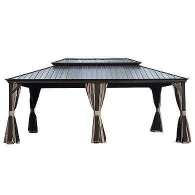12'x 20' Hardtop Gazebo-Upgraded Metal with Drainage & Curtains/Netting