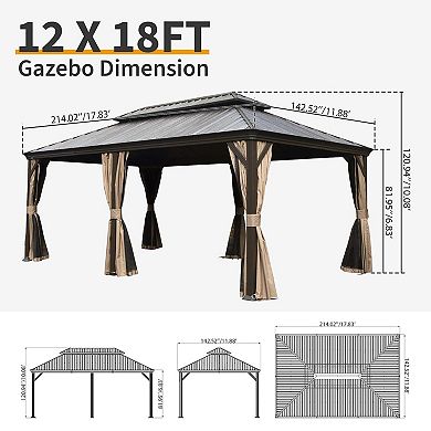 12'x 18' Hardtop Gazebo-Upgraded Metal with Drainage & Curtains/Netting