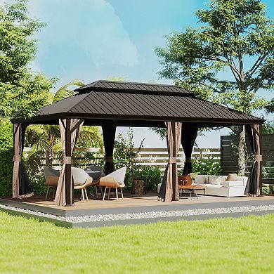12'x 18' Hardtop Gazebo-Upgraded Metal with Drainage & Curtains/Netting