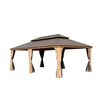 14'x 22' Hardtop Gazebo - Wood-Looking Aluminum Frame with Curtains & Netting