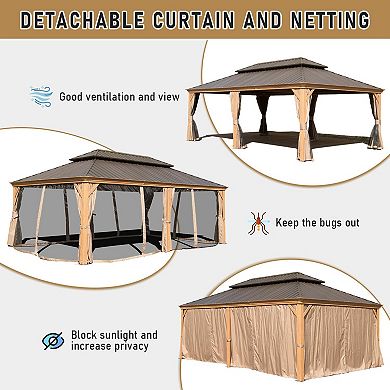14'x 22' Hardtop Gazebo - Wood-Looking Aluminum Frame with Curtains & Netting