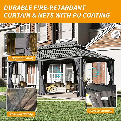 14'x 20' Hardtop Gazebo-Heavy-Duty Metal with Drainage & Privacy Curtains