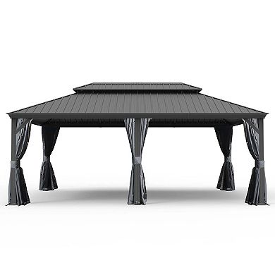 14'x 20' Hardtop Gazebo-Heavy-Duty Metal with Drainage & Privacy Curtains