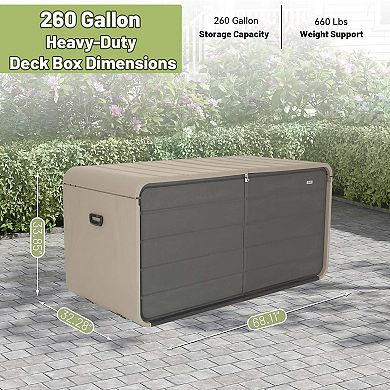 260 Gallon Lockable Plastic Deck Box,Waterproof Storage Box w/ Wheels