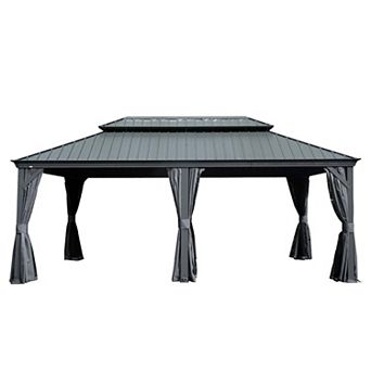 12'x 18' Hardtop Gazebo Grey - Aluminum Frame Double Roof with Curtains & Netting
