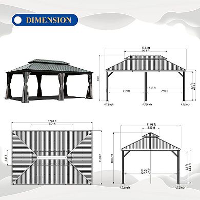 12'x 18' Hardtop Gazebo Grey - Aluminum Frame Double Roof with Curtains & Netting