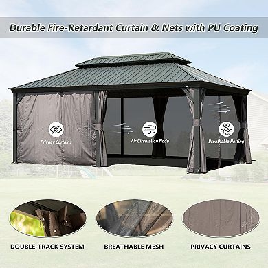 12'x 18' Hardtop Gazebo Grey - Aluminum Frame Double Roof with Curtains & Netting