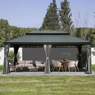 12'x 18' Hardtop Gazebo Grey - Aluminum Frame Double Roof with Curtains & Netting