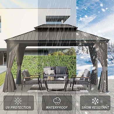10'x 14' Hardtop Gazebo-Upgraded Metal with Drainage & Curtains/Netting